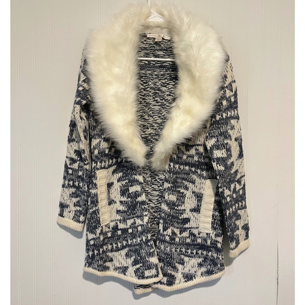 Boston Proper Cardigan Women XS Navy White Faux Fur Collar Fair Isle Office